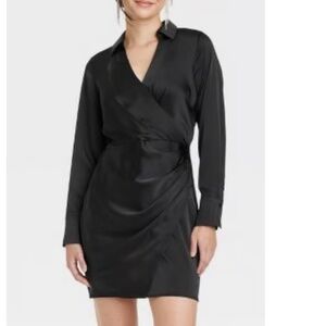 Women's Long Sleeve Satin Shirtdress - A New Day™ Black M